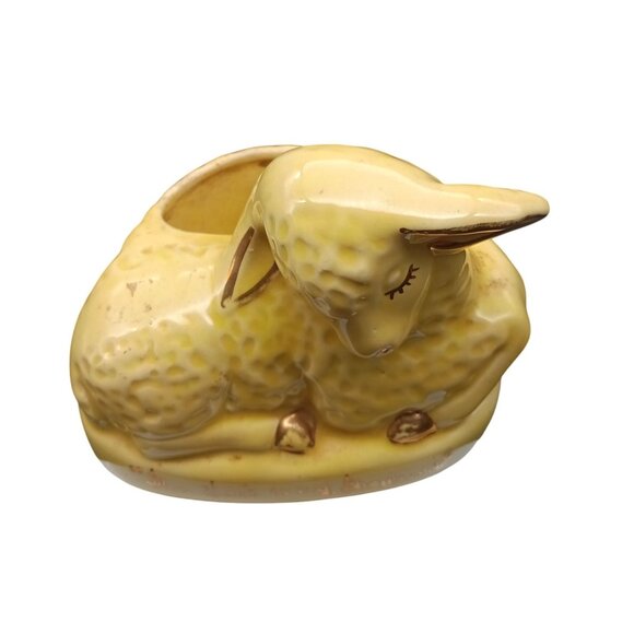 Vintage Yellow Ceramic Lamb Planter With Gold Accents & "The Lord Is My Shepherd - Picture 2 of 5